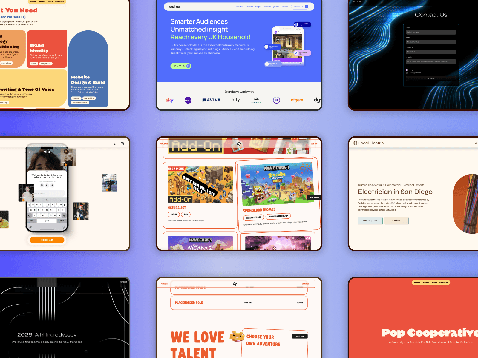 A grid of desktop screens showing a variety of websites designed and developed by raedio design