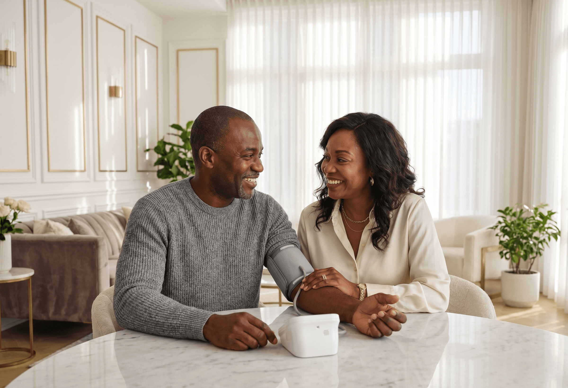 A couple monitoring high blood pressure with a digital BP machine in a luxury home, illustrating hypertension management and heart health care.