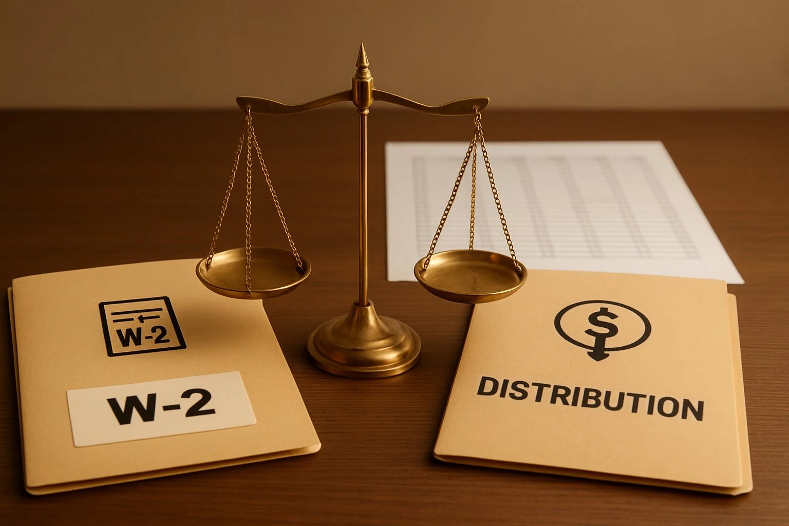 Two folders labeled with W-2 and distribution icons on a desk, with a scale balancing them and a spreadsheet printout in the background.