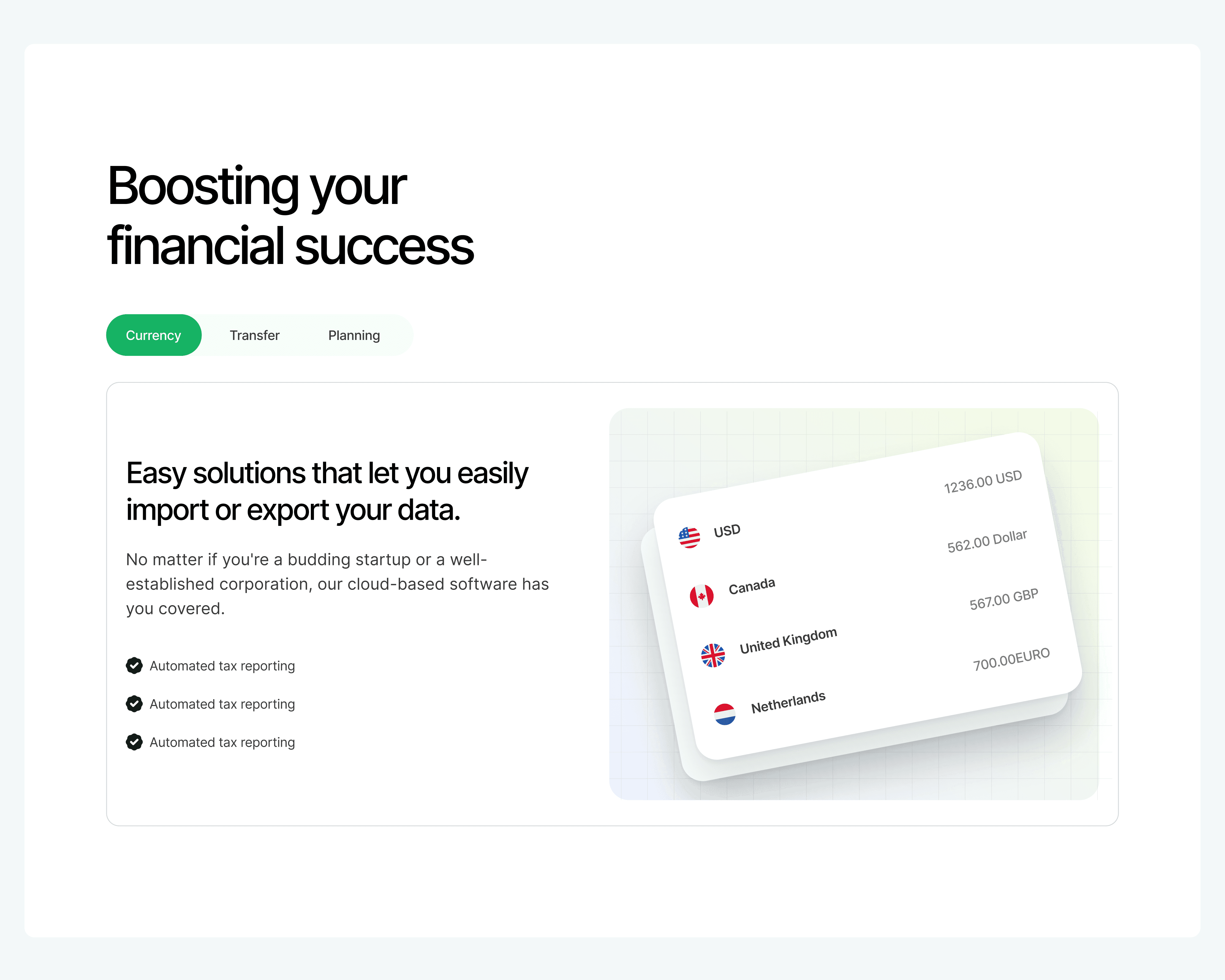 Financial software graphic with 'Boosting your financial success' and currency data