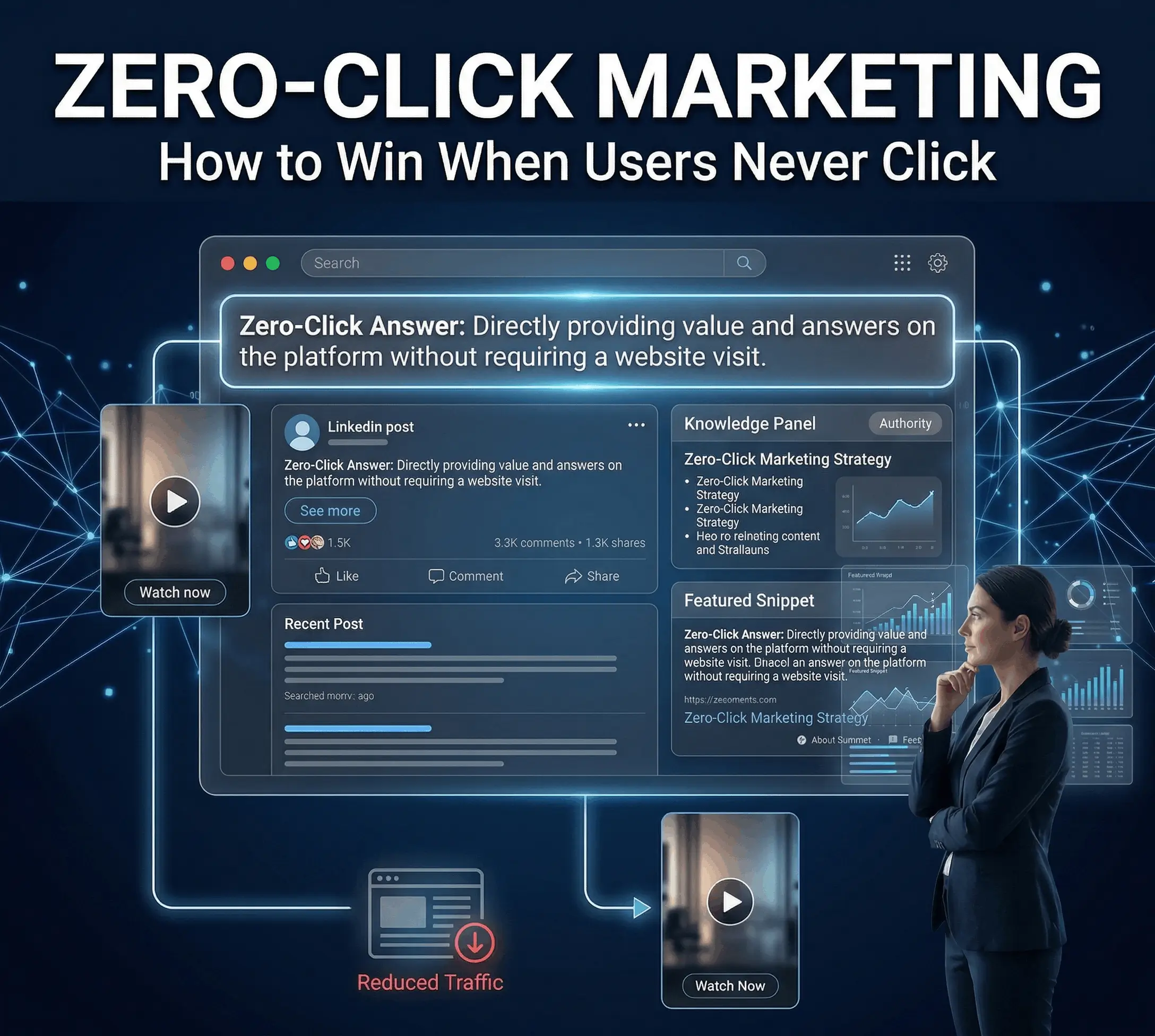 Zero-Click Marketing strategy dashboard illustrating how to provide direct value through featured snippets and knowledge panels without website clicks, explained by Mahindra, a digital marketing trainer and specialist consultant.