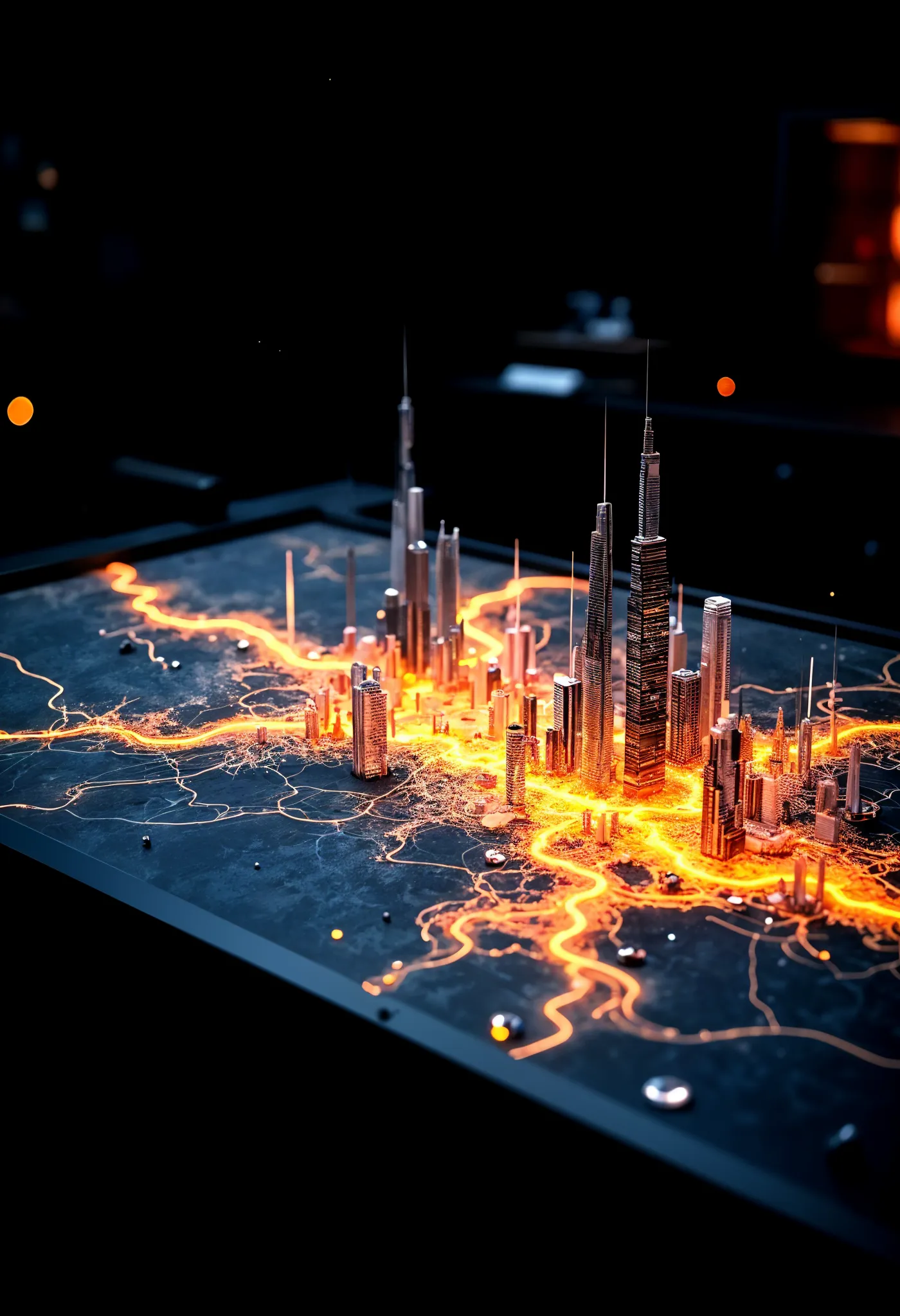 What We Do" section for CGI virtual home tour service, titled "End-to-End Virtual Tour Engineering," listing services like Photogrammetry Precision, AI-Powered Hotspots, Dynamic Staging, Matterport Migration, and API Integrations, over a background of a glowing digital cityscape.