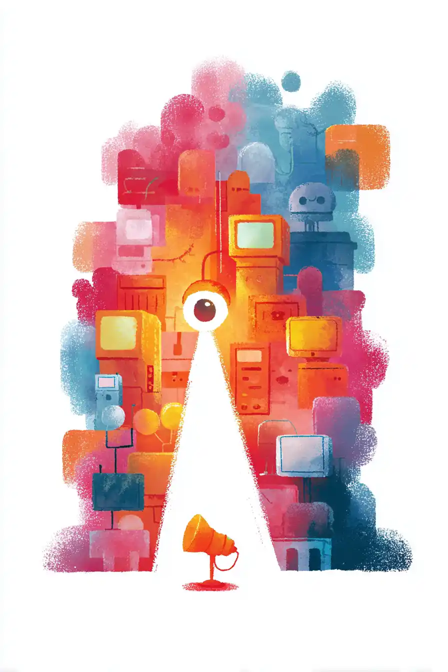 Textured editorial illustration of a dense wall of stacked screens and tech devices framing a central glowing eye, with a small megaphone at the base projecting upward, representing a brand signal competing for AI attention.
