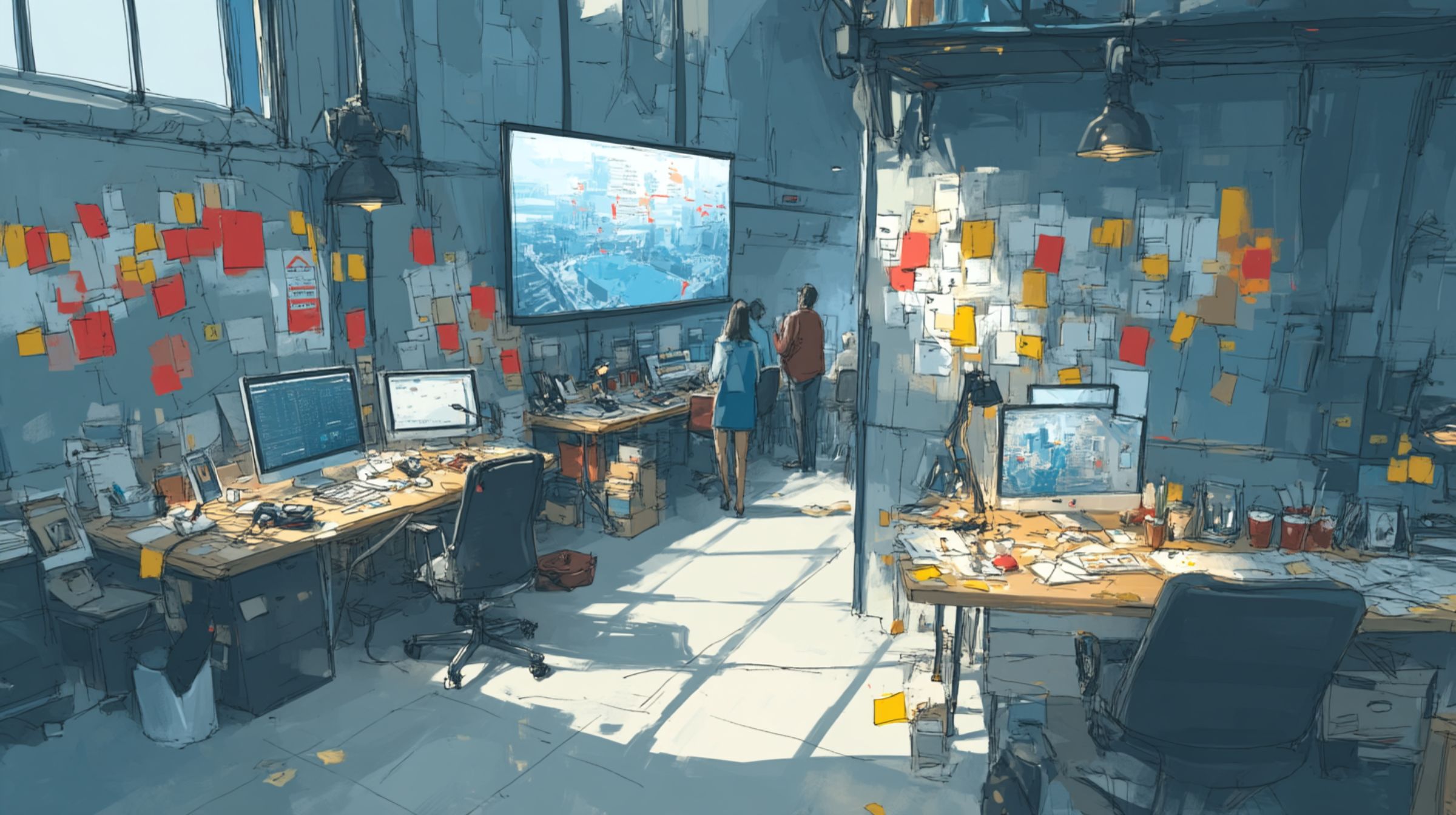 A modern studio bathed in daylight where designers step back from their work surrounded by sticky notes and screens, symbolizing trust in the system they built.