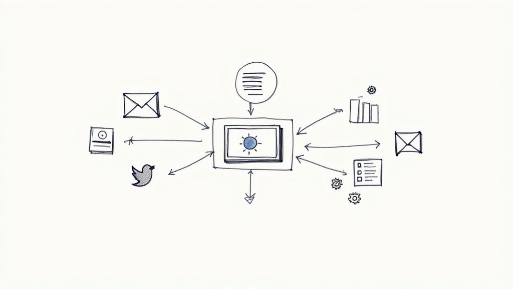 A flowchart showing how content is distributed across multiple channels like social media and email.