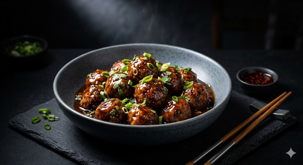 A modern grey bowl filled with crispy baked soy Manchurian balls coated in a glossy dark sauce and garnished with fresh green spring onions, served on a black slate with chopsticks.