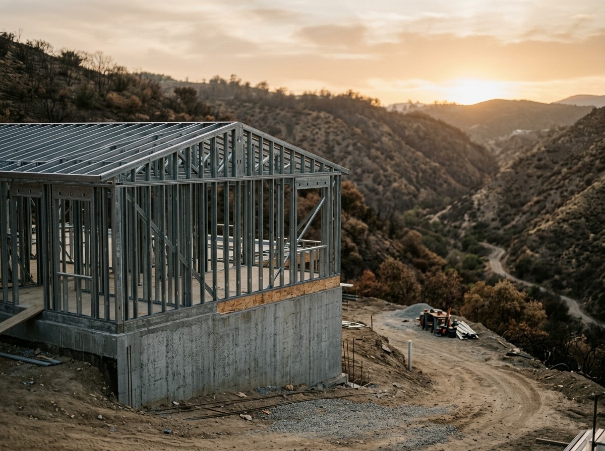 concrete house construction california hillside dusk