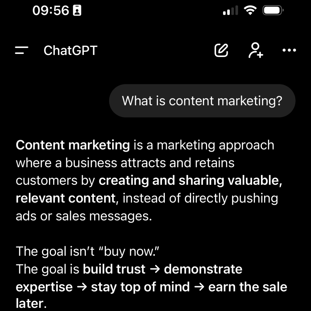 Screenshot of ChatGPT with response to what is content marketing to demonstrate the output of a generative engine