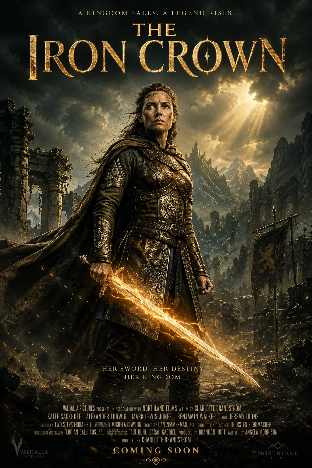 AI-generated fantasy movie poster of a regal warrior holding a glowing sword in a ruined kingdom under dramatic clouds.