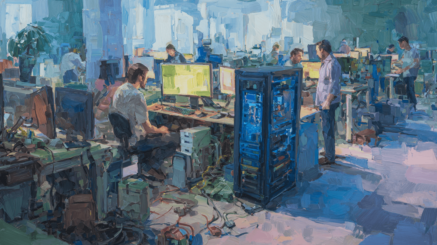 An oil painting depicting a modern office setting where professionals are working on computers and servers related to semiconductor technology. The scene showcases individuals involved in AI chip development and research, with a focus on R&D activities. The vibrant colors and detailed brushstrokes highlight the collaborative, high-tech environment, illustrating the impact of exemptions for R&D purposes under the 25% AI chip tariff.