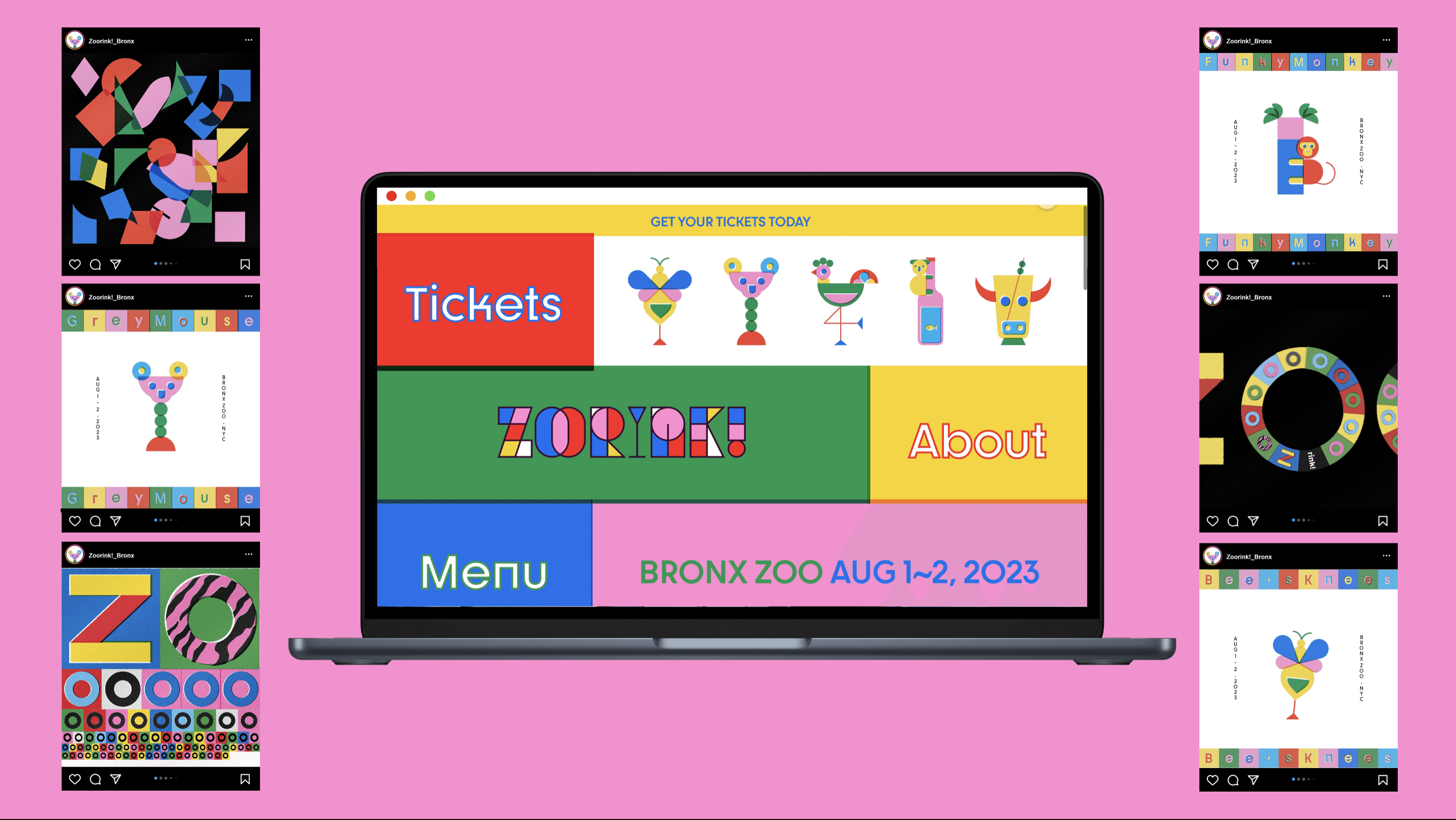 laptop on pink background and with social media posts around