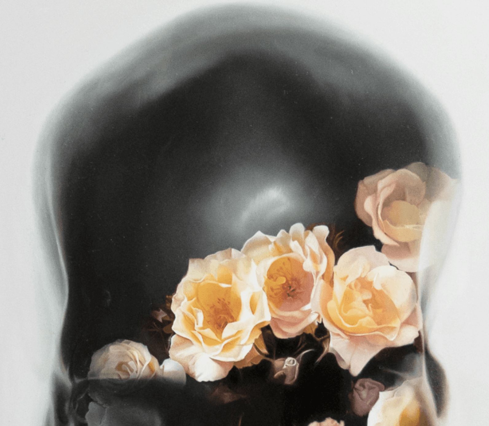 black skull painting overlayed with flowers and roses