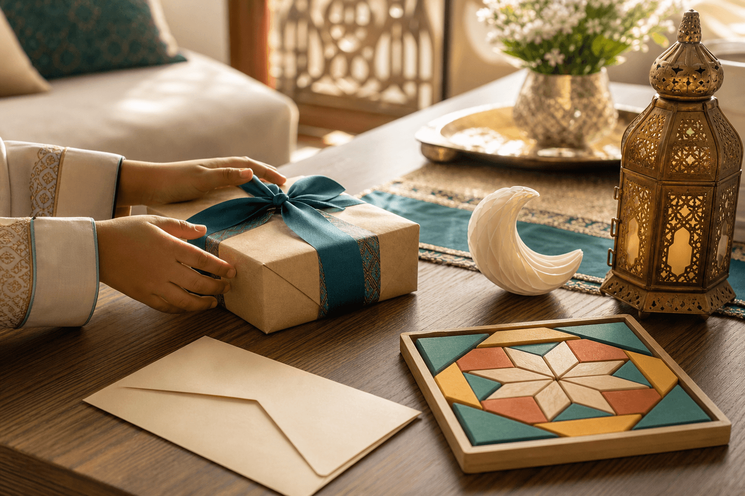 Eid present ideas for kids: a child reaches for a wrapped gift beside an Eidi envelope and a geometric star puzzle