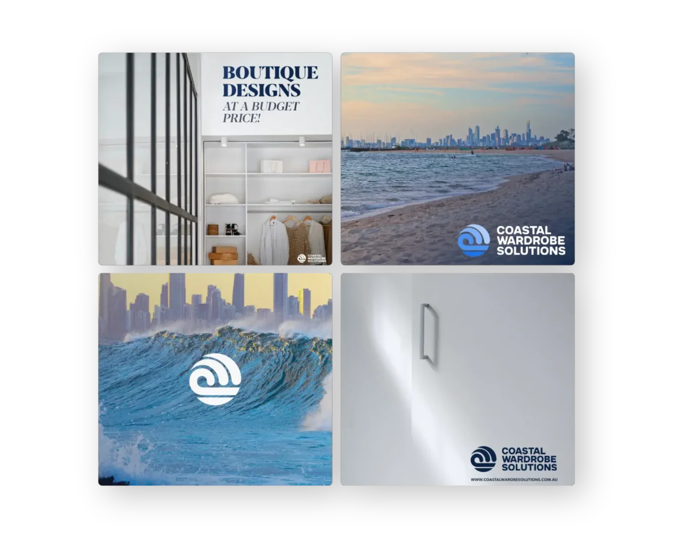 Professional social media marketing grid for Coastal Wardrobe Solutions by Made by Campfire, featuring "Boutique Designs" ad creative and brand-integrated coastal lifestyle photography.