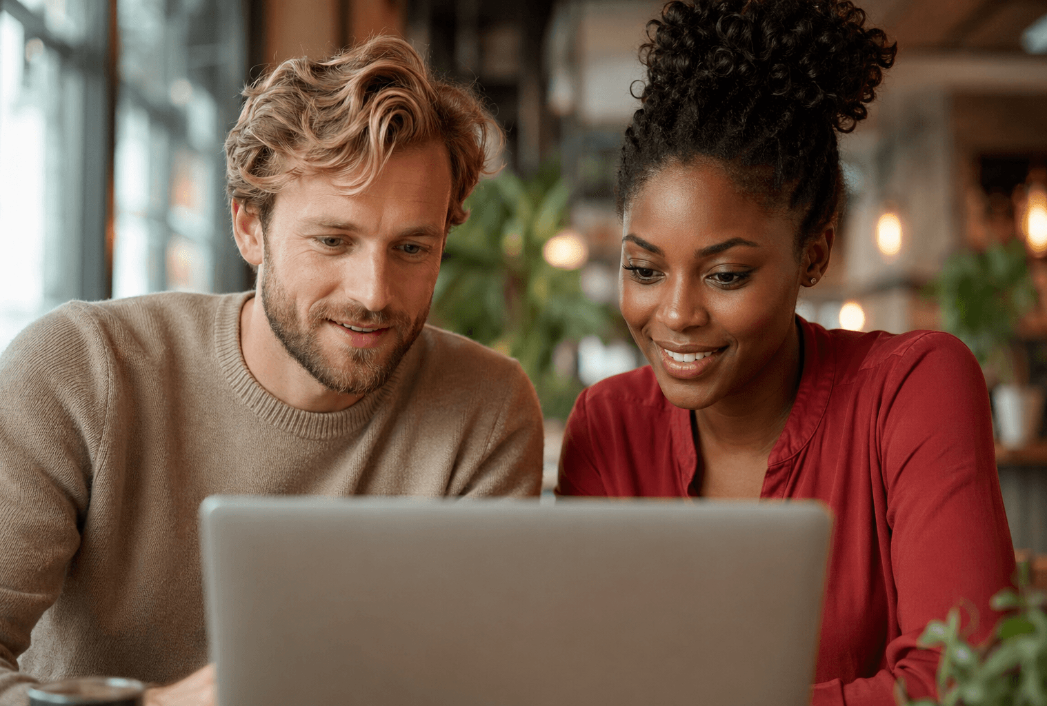 Two shop owners analyze data on their laptop