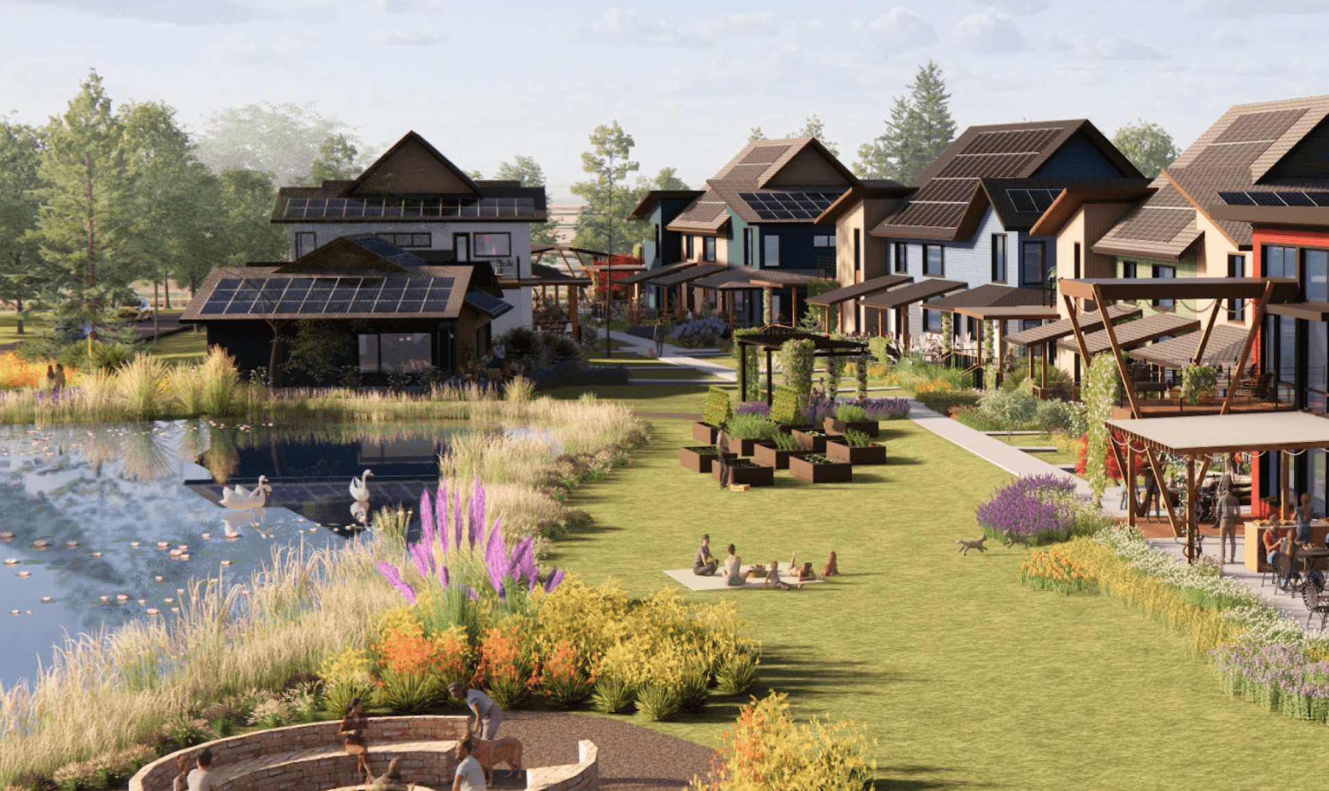 Rendered view of homes arranged around shared green space and pathways in a walkable village layout.