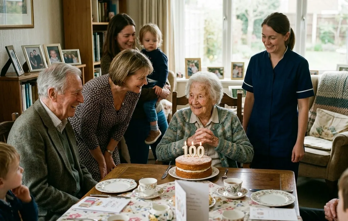 Margaret with her birthday cake and family on her 100th birthday