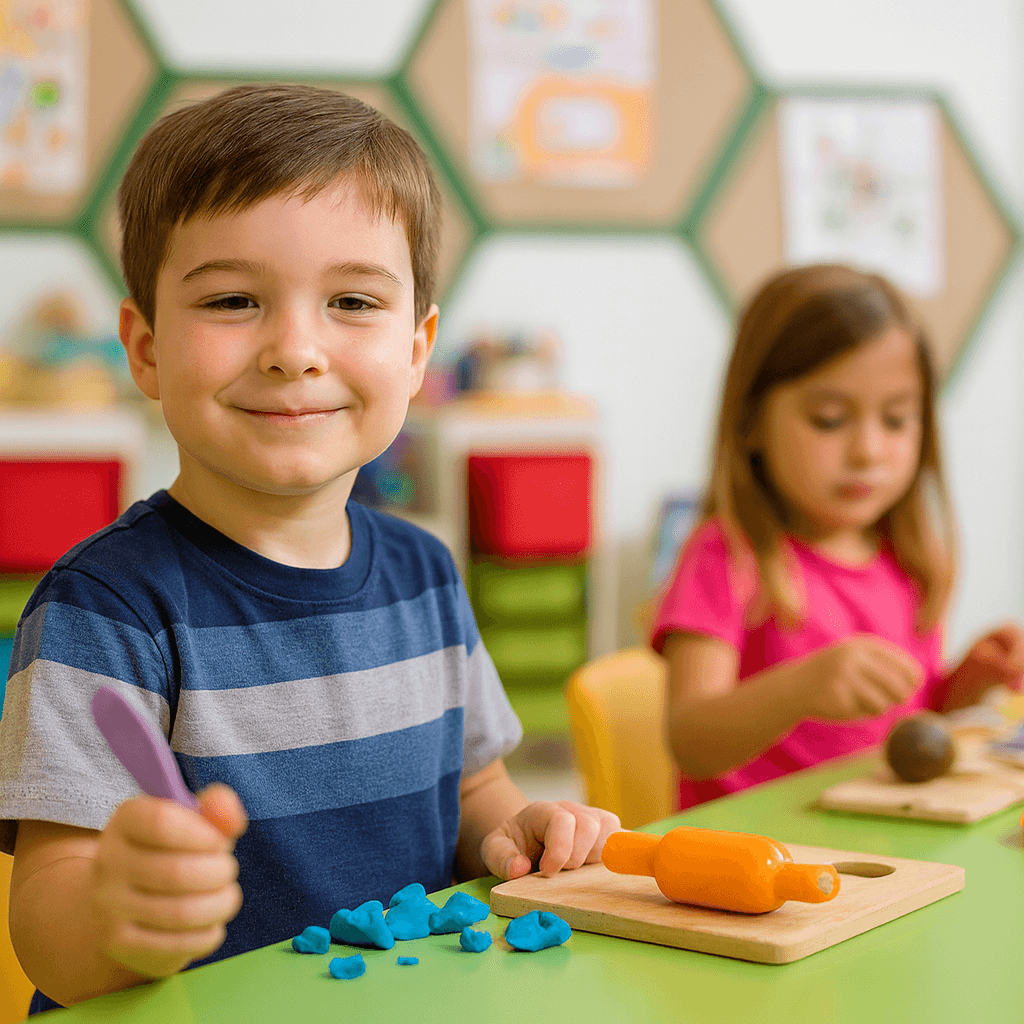 Smiling preschool boy using wooden play tools at a classroom table while a girl works beside him.