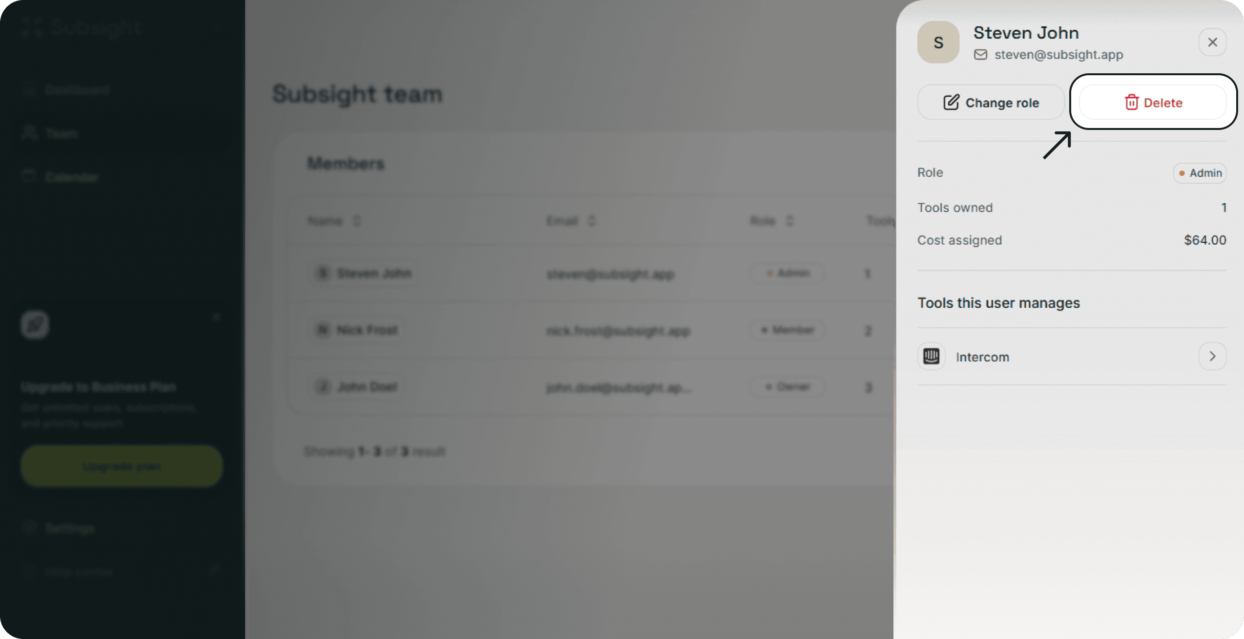 Subsight team member details panel with delete button and user information visible.