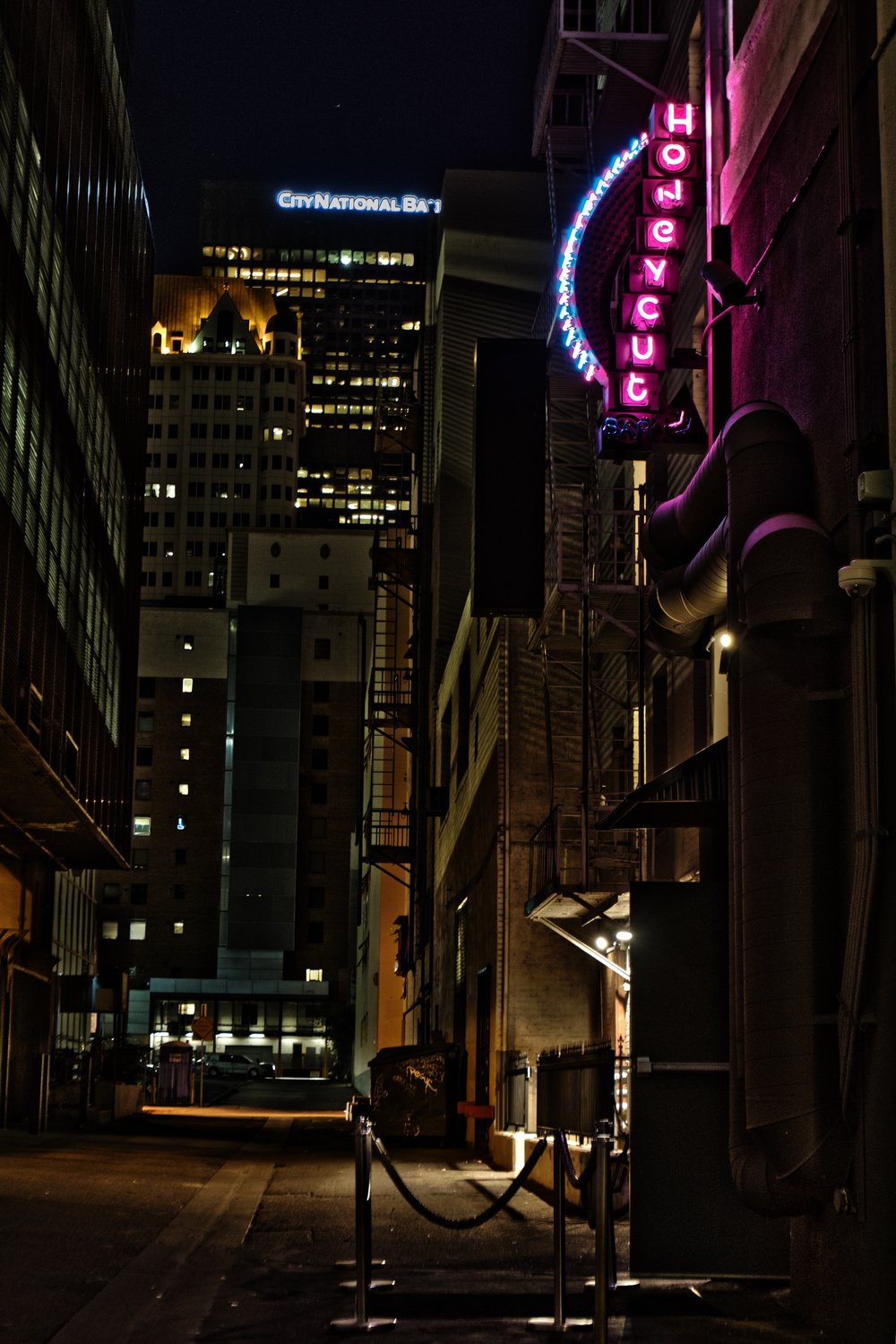 Pink vertical Honeycut neon sign above an alley entrance, with illuminated city buildings beyond.