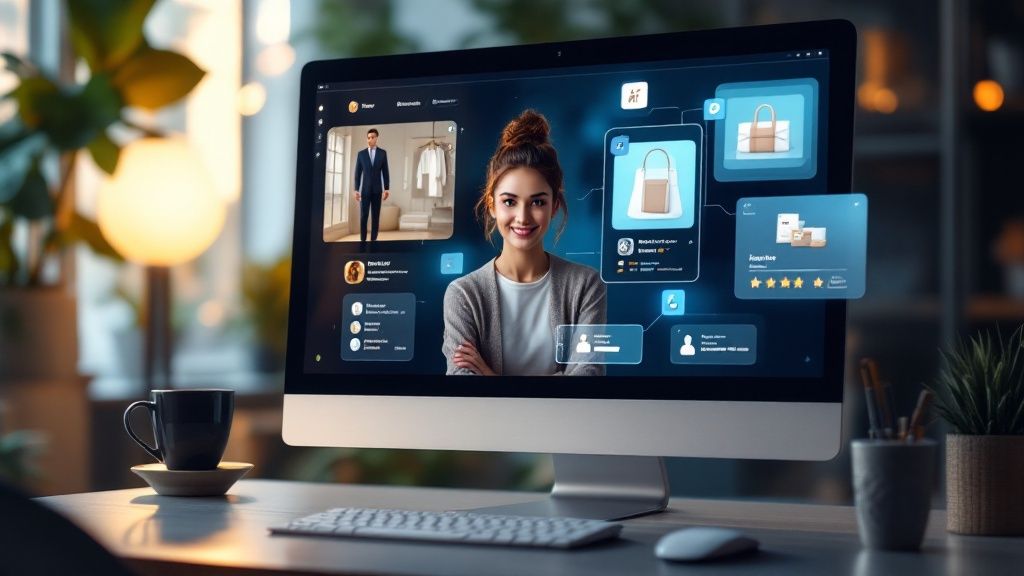 An illustration showing how an AI brain analyzes customer data to provide personalized product recommendations on a laptop screen