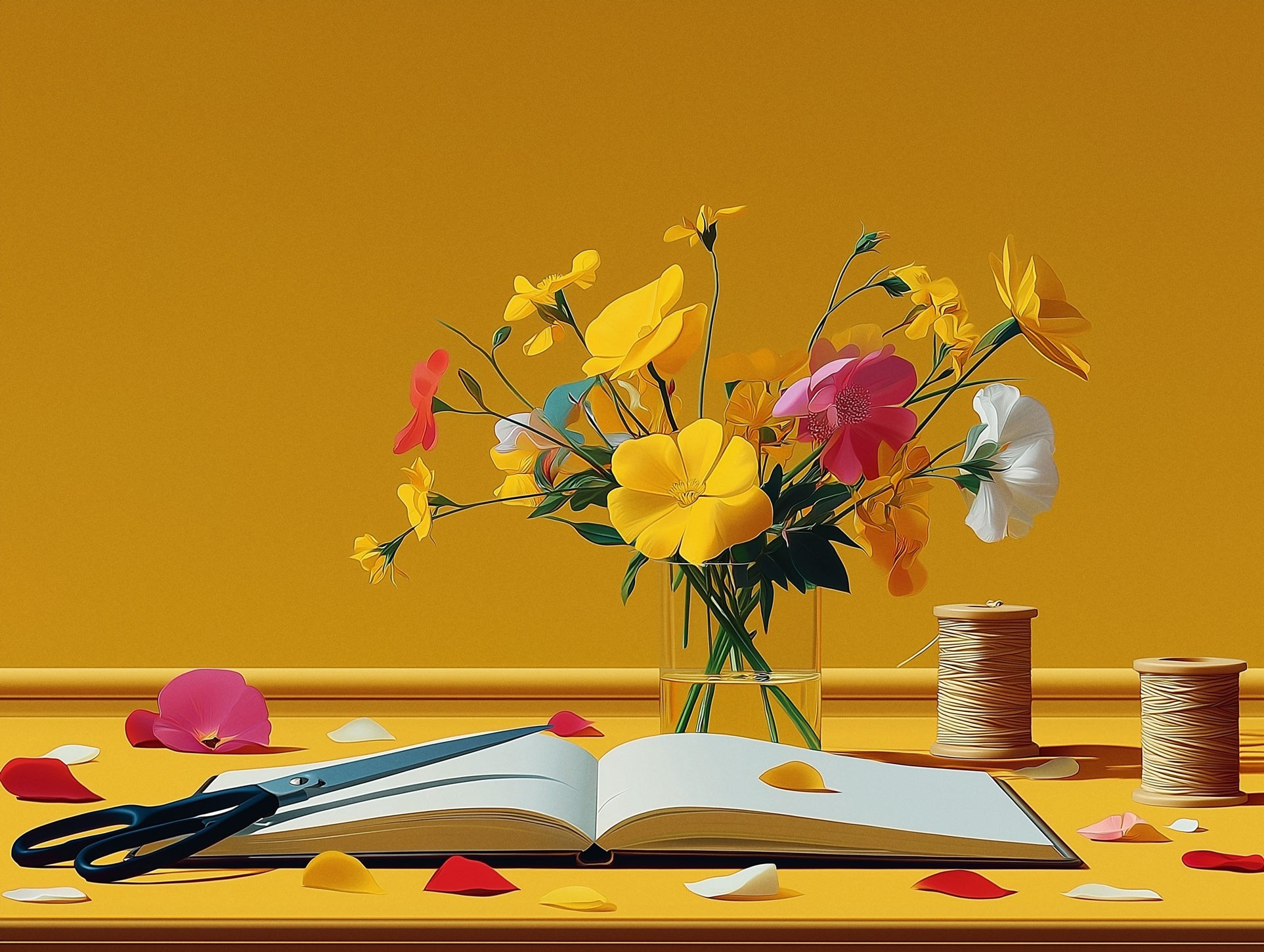 Bouquet of yellow flowers in vase with scattered art supplies and open notebook on wooden table