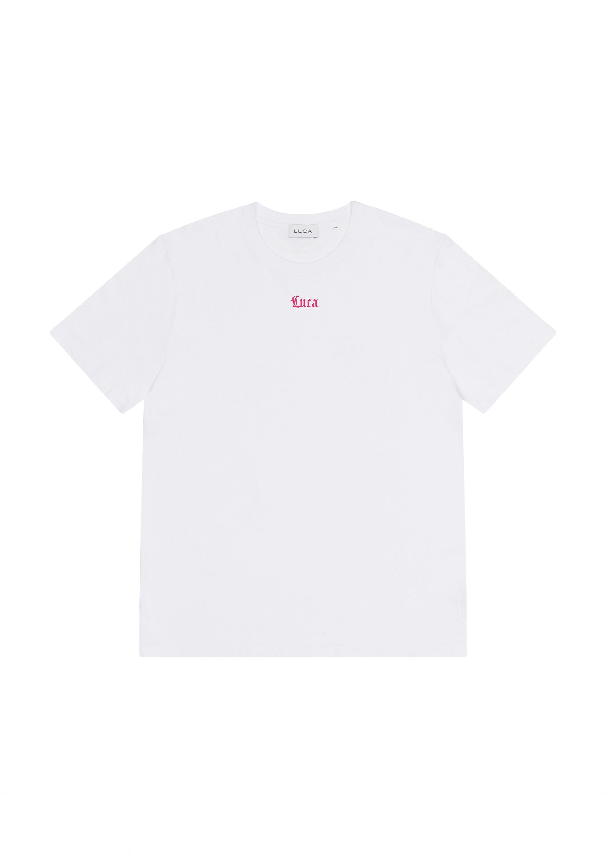 Plain-white-t-shirt-with-the-word- "Luca"-in-a-small-vibrant-pink- decorative-script-on-the-front