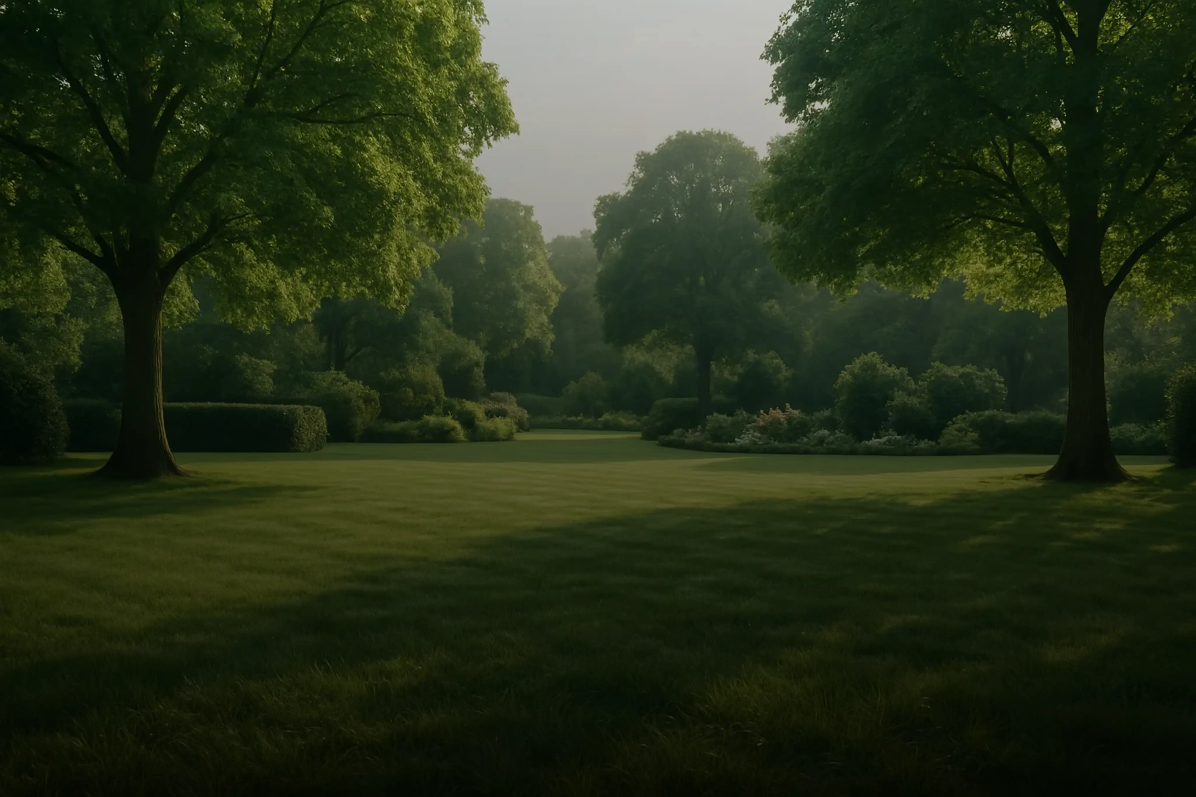 Groot grasveld met 2 eikenbomen en in de achtergrond een mooie groene tuin