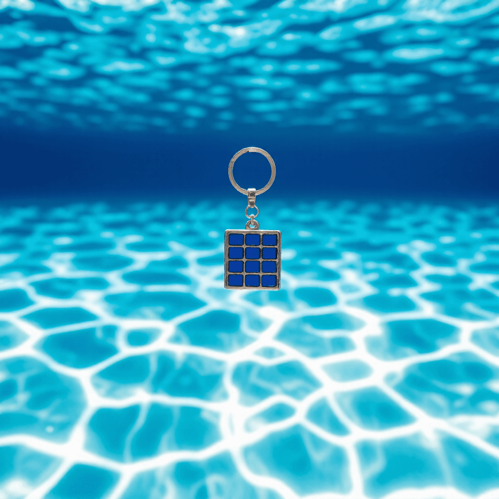product photography of a keychain with a blue grid-patterned charm