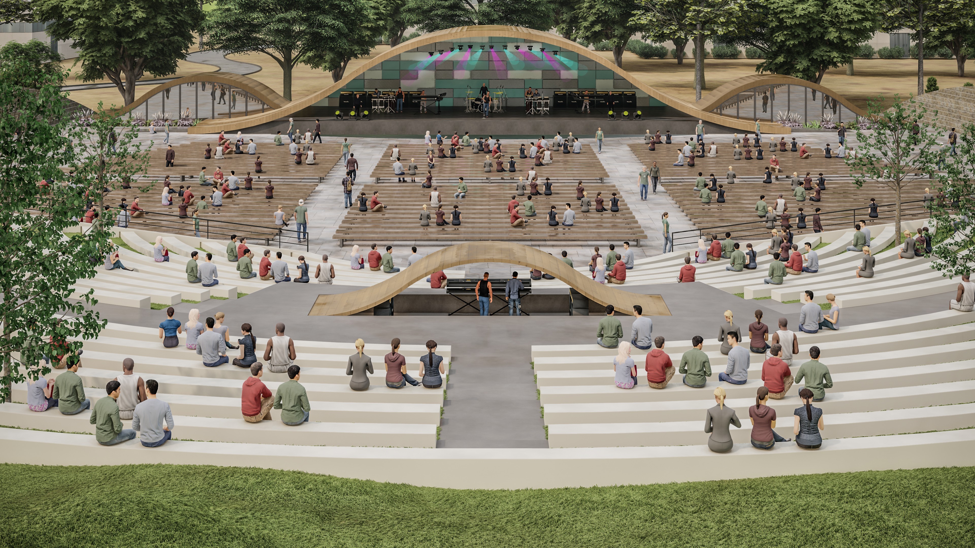 Drone-style rendering capturing the amphitheater from above.