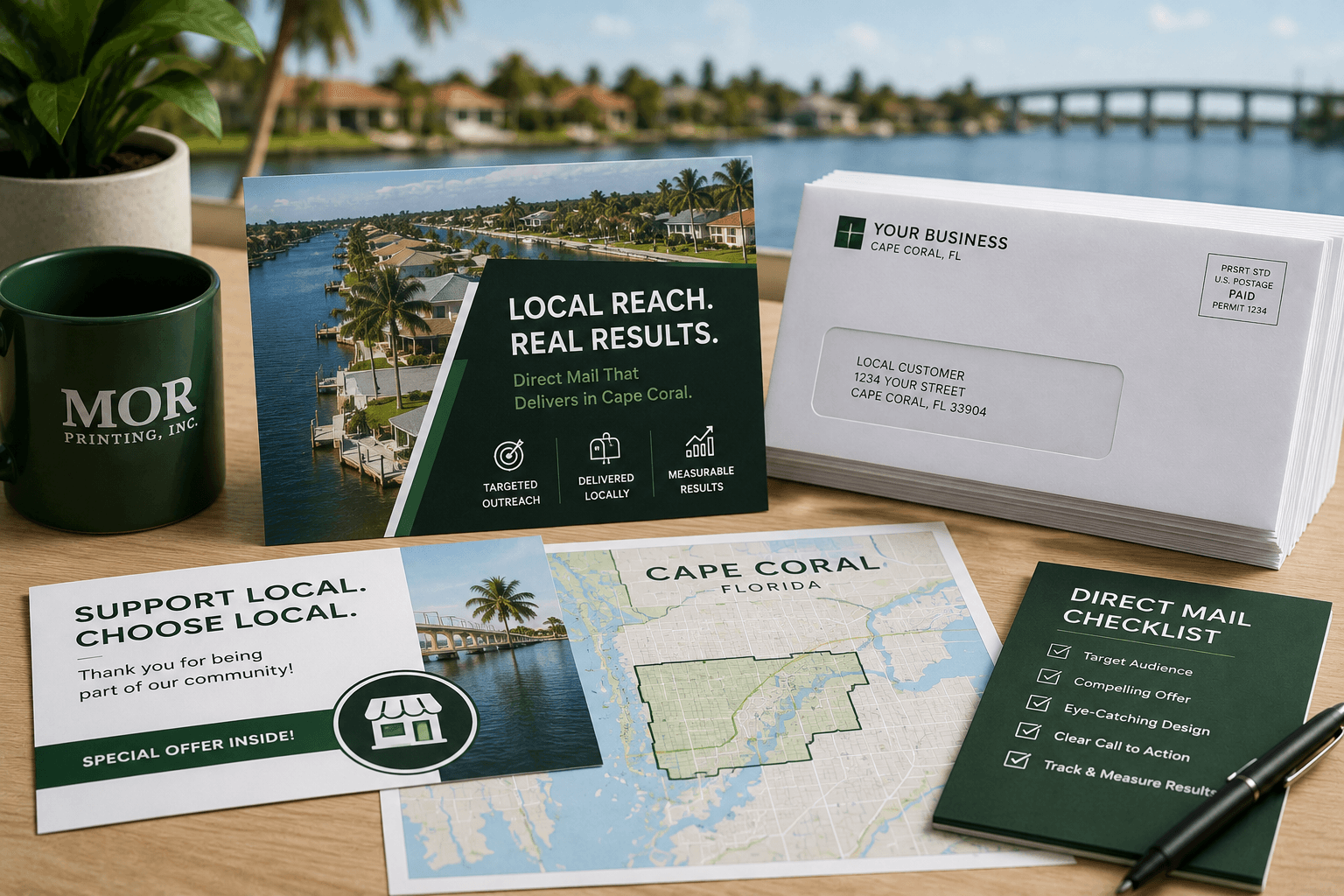 Direct mail services in Cape Coral, FL featuring targeted marketing postcards, EDDM mailers, business envelopes, mailing lists, and campaign planning materials for Florida businesses.