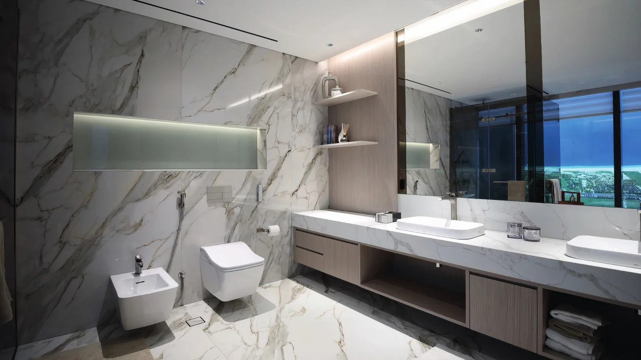 Luxurious marble bathroom at Sobha Seahaven with modern fixtures and high-end real estate craftsmanship.