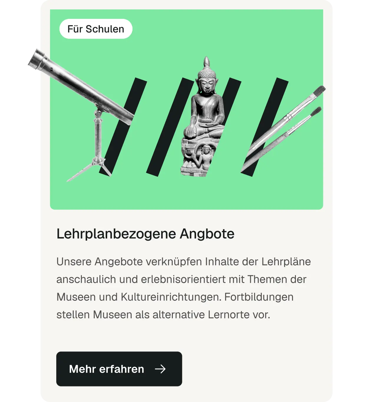 Kachel „Lehrplanbezogene Angebote“ mit Teleskop, Buddha und Pinseln