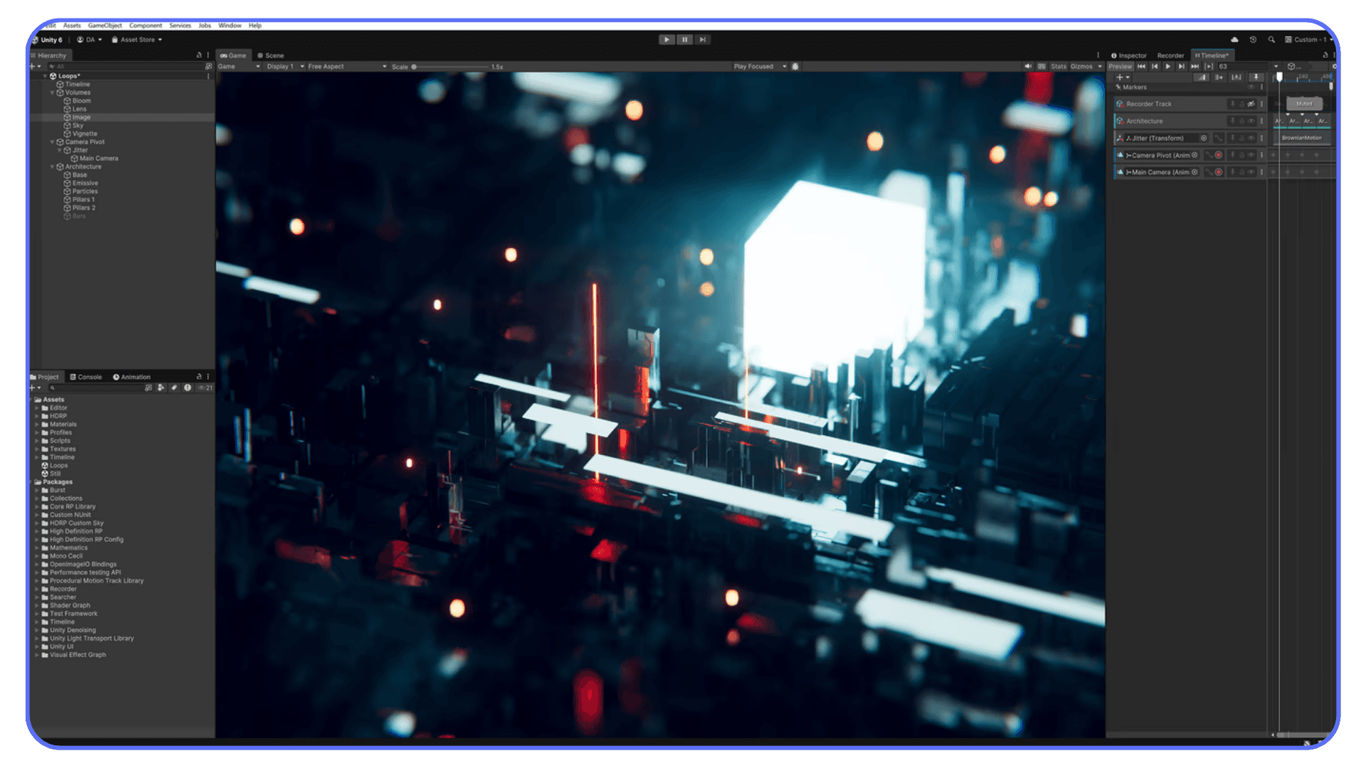 Unity Editor showing a futuristic sci-fi environment with glowing neon lights and a bright white cube at the center, surrounded by metallic structures and depth-of-field blur.