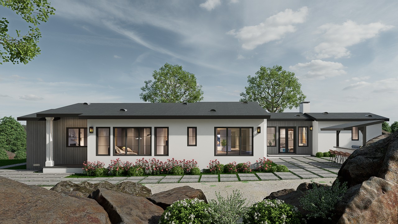 renderings of the rear side of a hime with boulders in the foreground