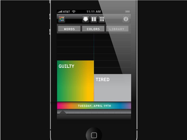 The image shows a portion of an iPhone screen displaying a color palette app. The app has a dark theme with a black background. At the top, a status bar shows the time as 11:11 AM, along with icons for AT&T, WORDS, COLORS, and LIBRARY. Below, a color palette is divided into three sections: a yellow-green rectangle labeled "GUILTY," a gray rectangle labeled "TIRED," and a gradient bar ranging from yellow-green to blue-purple at the bottom. The date "TUESDAY, APRIL 19TH" is displayed at the bottom of the screen.