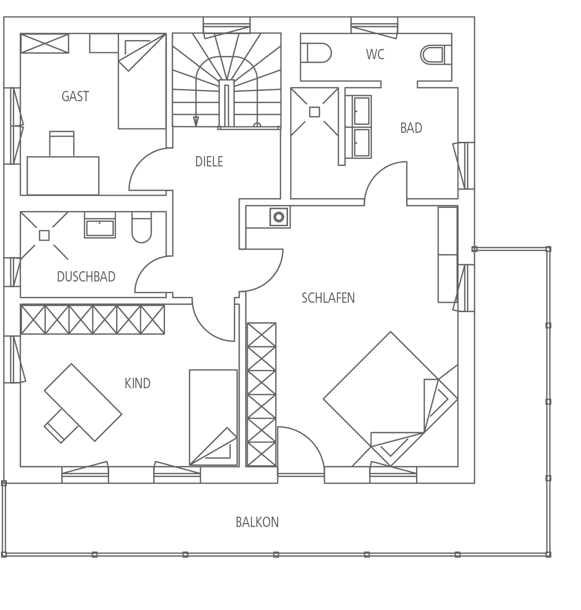 Grundriss einer Wohnung mit Eingangsbereich, Gästebad, Duschbad, Kinderzimmer, Schlafzimmer und Balkon.