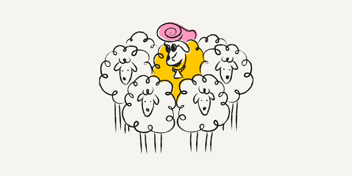 Illustration of one colorful sheep standing apart from a flock of identical white sheep