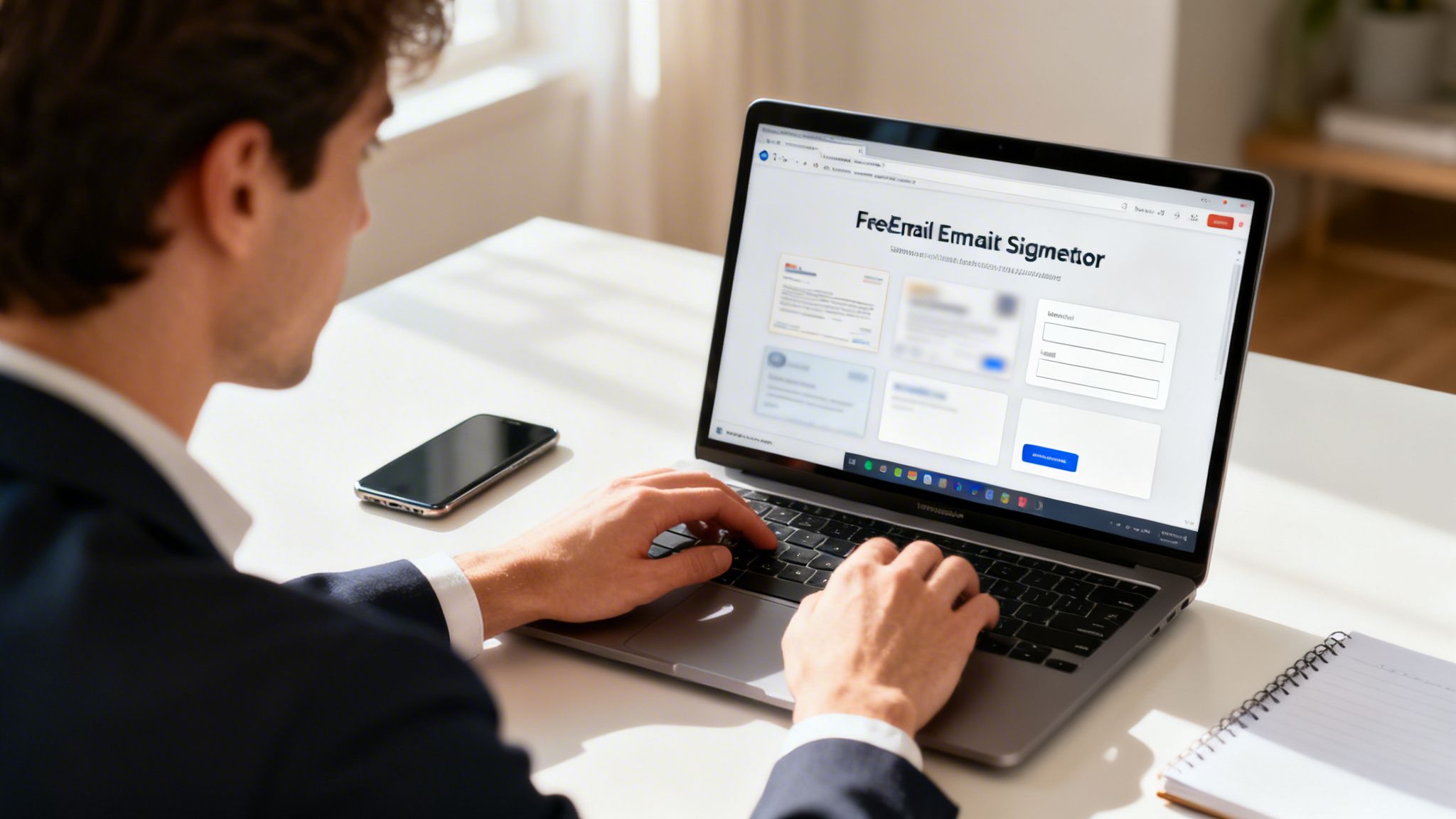 Ein Mann tippt an einem Laptop auf einem Schreibtisch, um eine E-Mail-Signatur zu erstellen, mit einem Smartphone daneben.