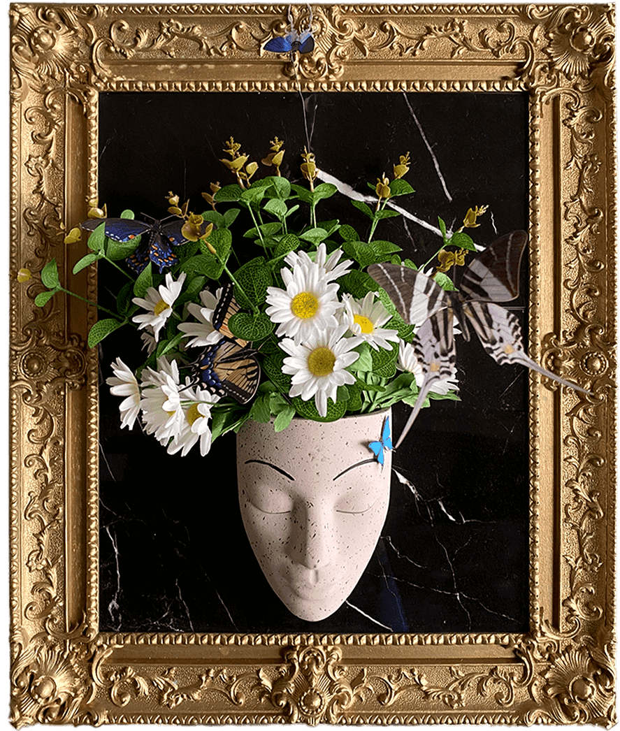 floral art and marble in gold ornate frame