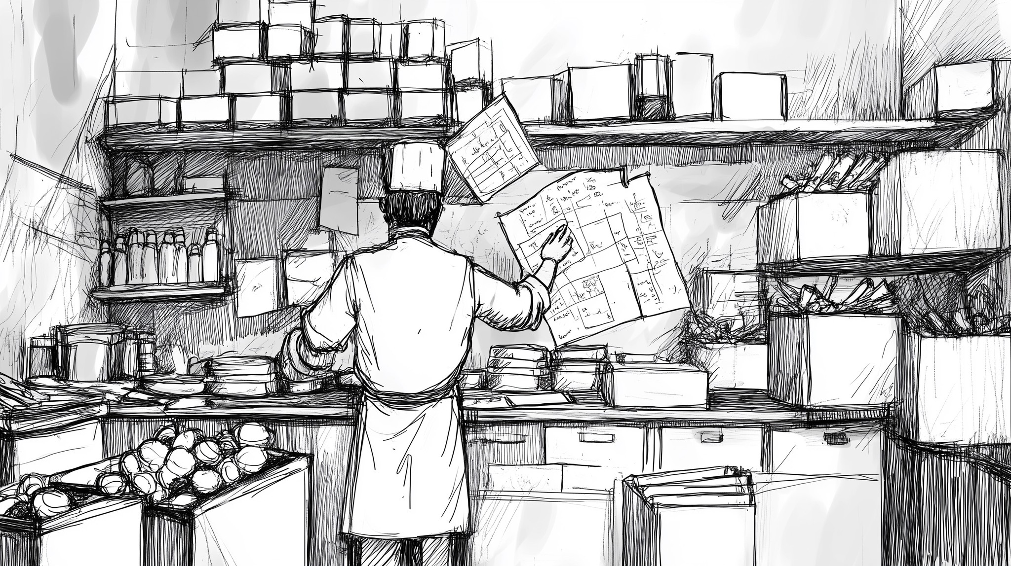 Illustrated drawing of a chef in a busy kitchen, seen from behind, wearing a chef's hat and apron while pointing at a menu or schedule pinned on the wall. The kitchen is filled with shelves holding various ingredients, boxes, and containers, creating a cluttered yet organized environment.