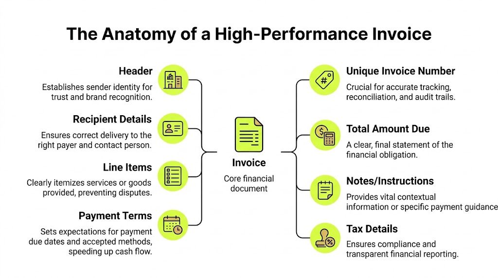 A diagram infographic explaining the key components and elements of a high-performance, professional financial invoice.