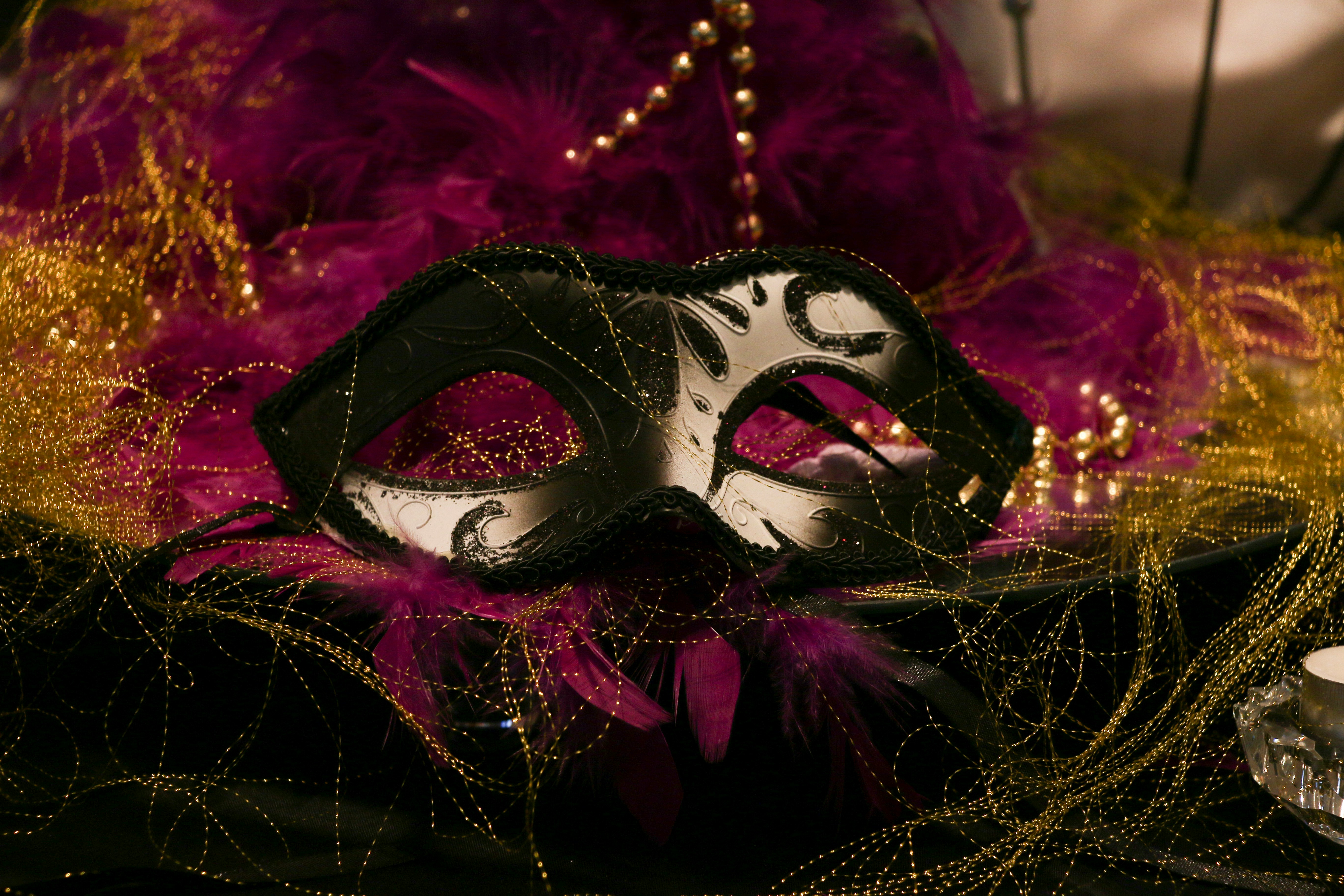 Black masquerade mask laying on pink feathers and golden threads
