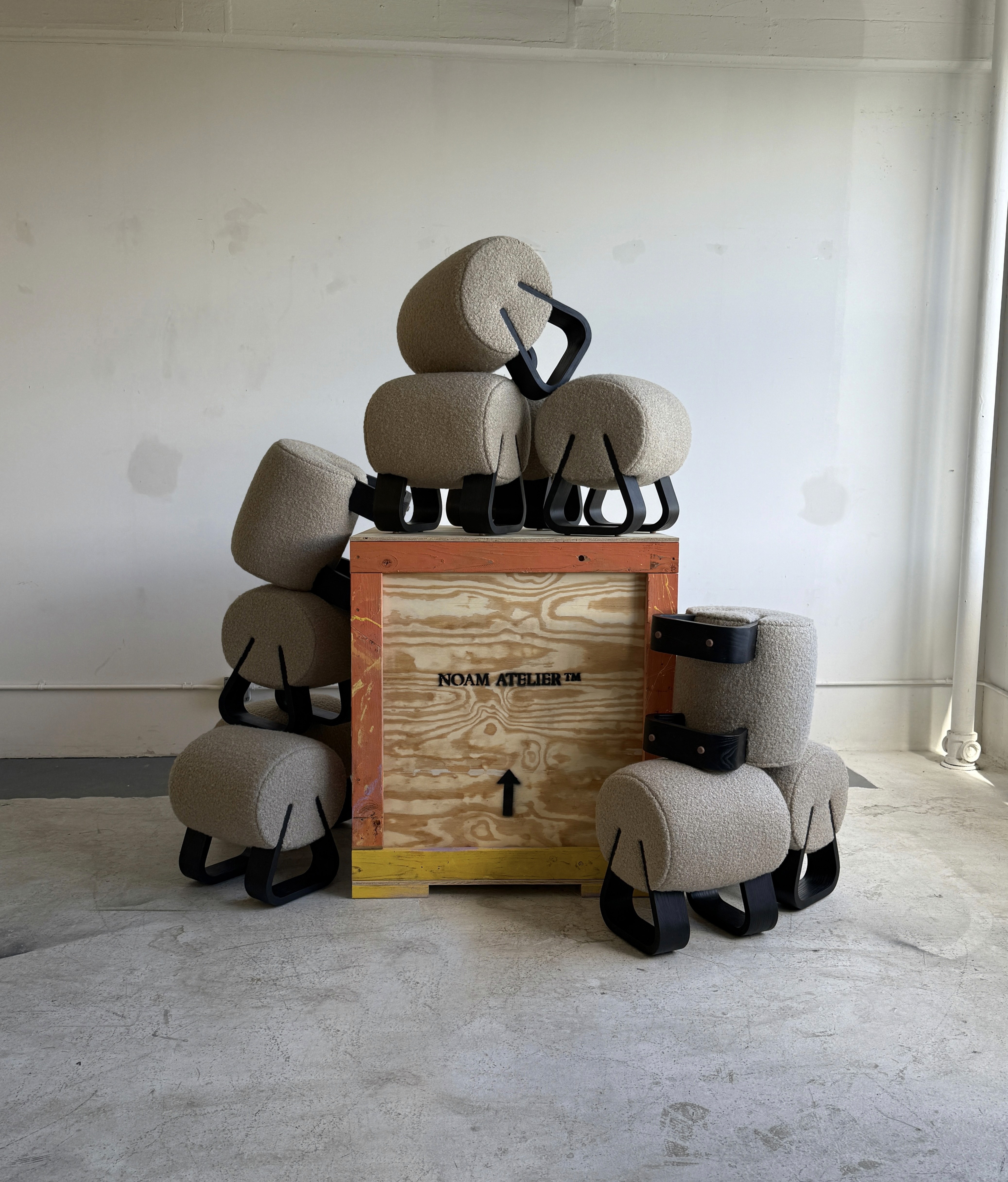 Marshmallow Stools grouped with shipping crate