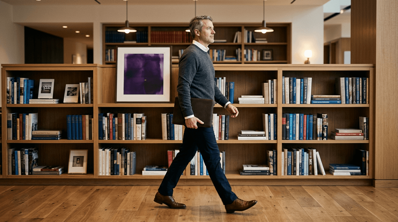 Senior communications executive carrying a portfolio walking through a modern executive library