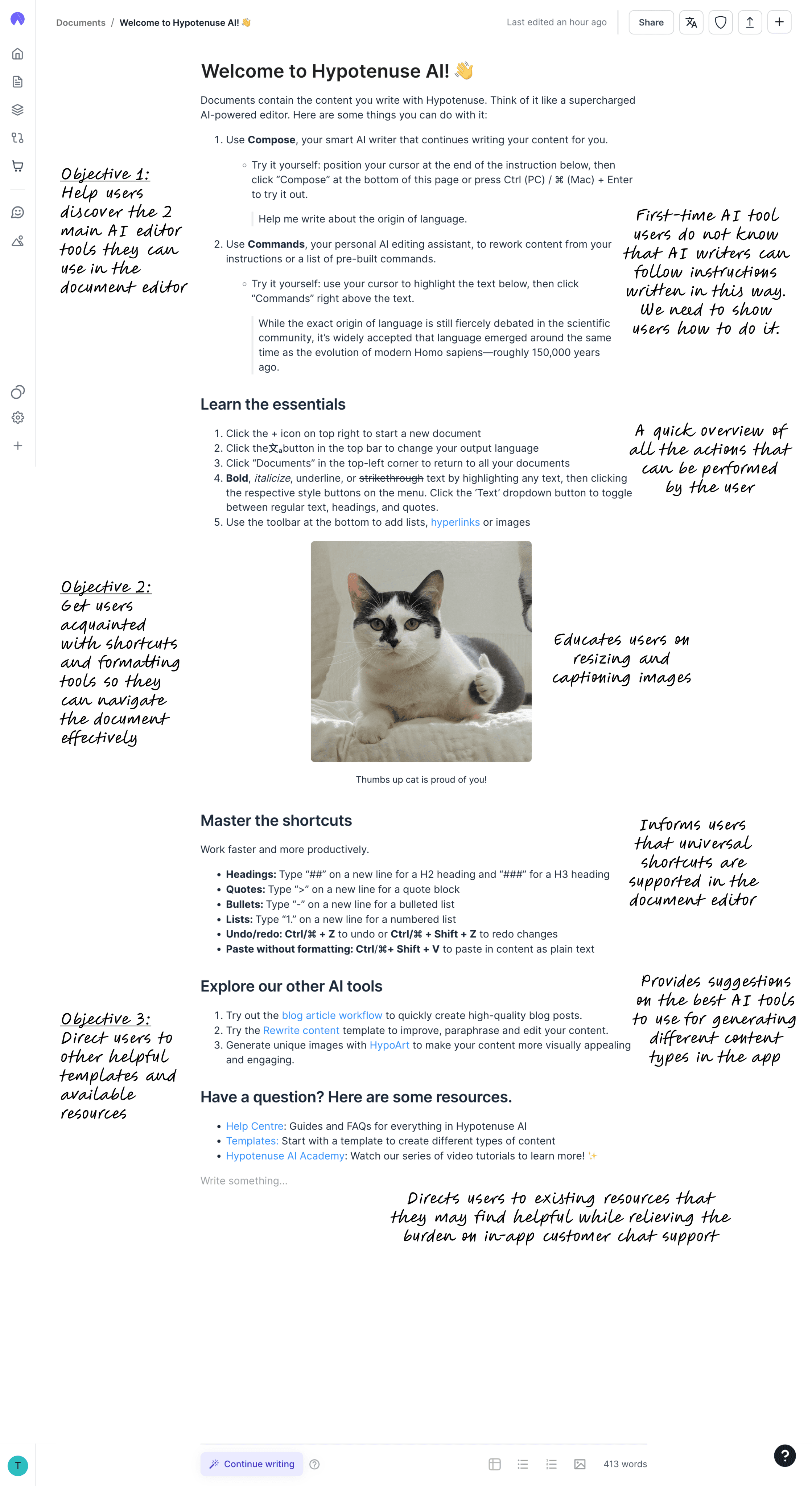 Welcome document on Hypotenuse AI web platform