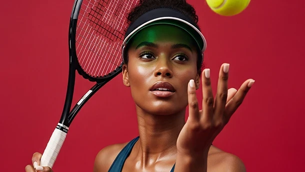 A woman in a teal athletic dress and visor holds a tennis racket and tosses a ball against a bold red background.