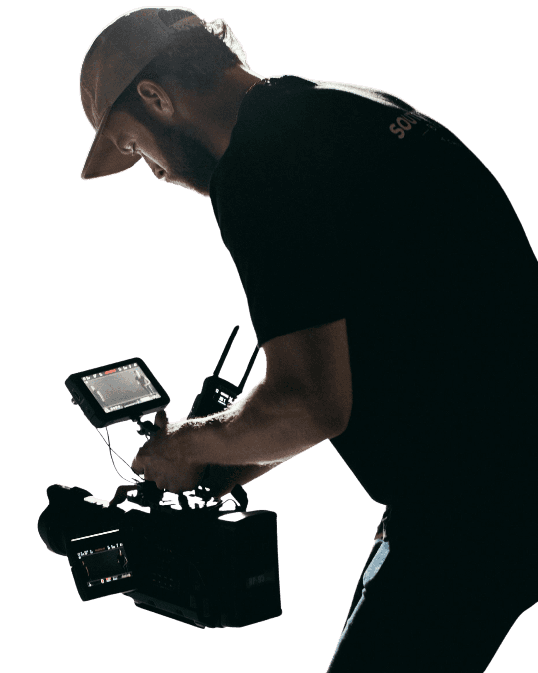 Man holding professional camera. no background