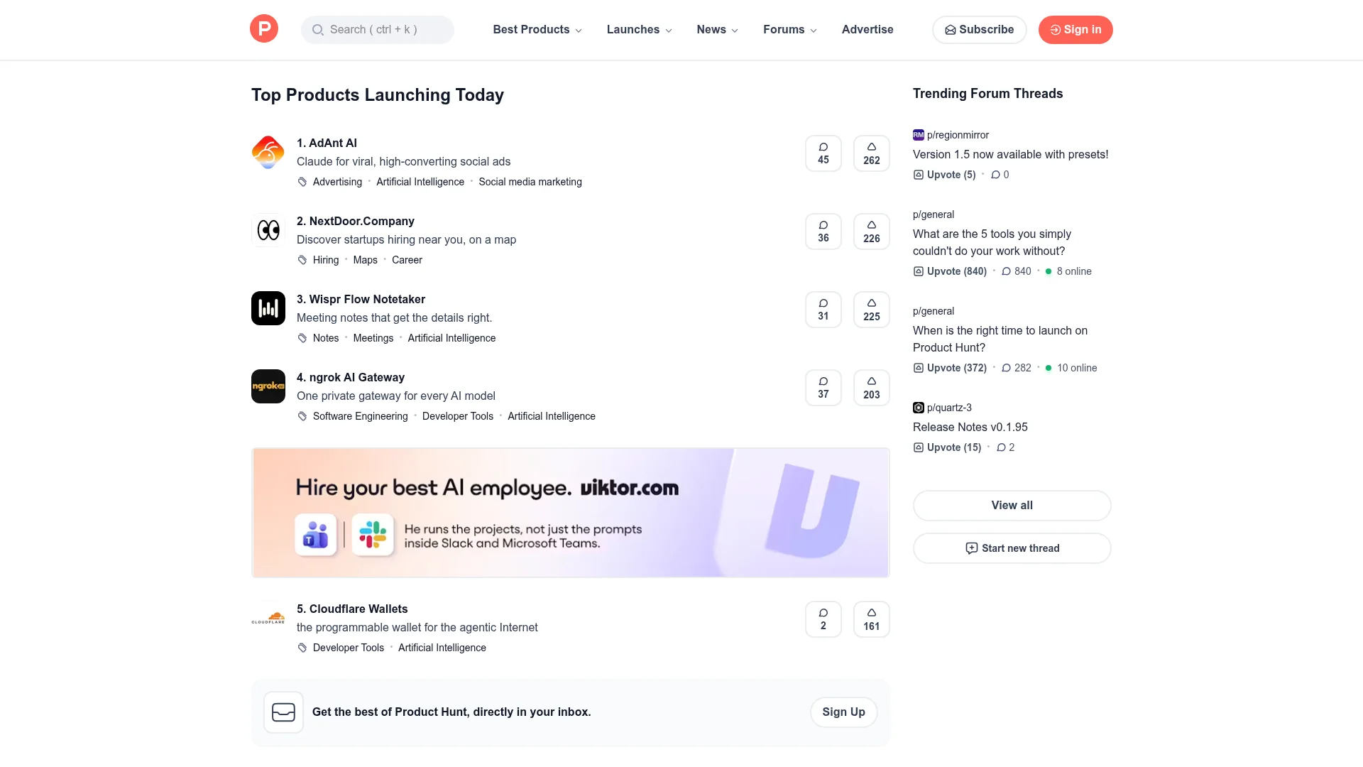 Product Hunt homepage showing top products launching today, a key channel to promote an app for free