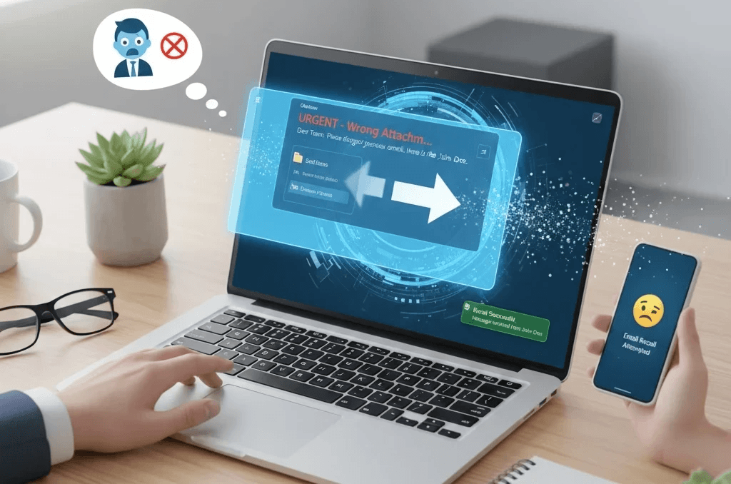 Person using laptop showing message recall feature with success notification